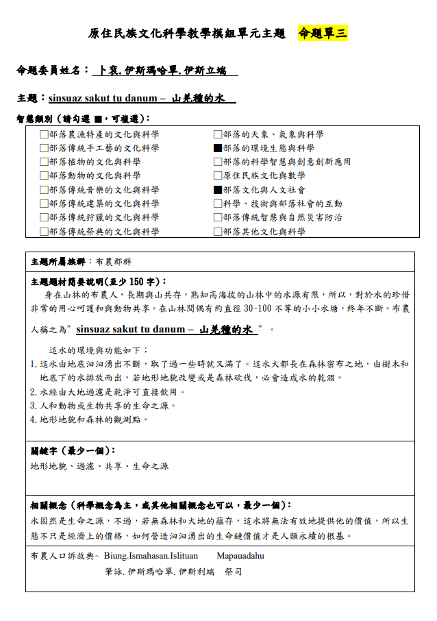 教學模組命題單-布農族-sinsuaz sakut tu danum – 山羌種的水