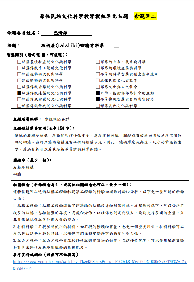 教學模組命題單-魯凱族-石板屋(talalibi)砌牆有科學