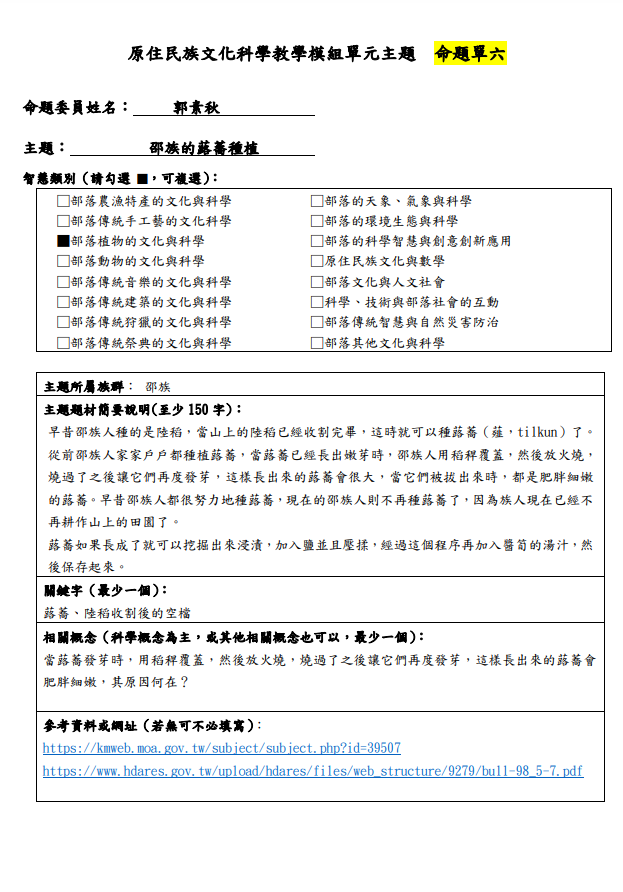 教學模組主題命題-邵族-邵族的蕗蕎種植