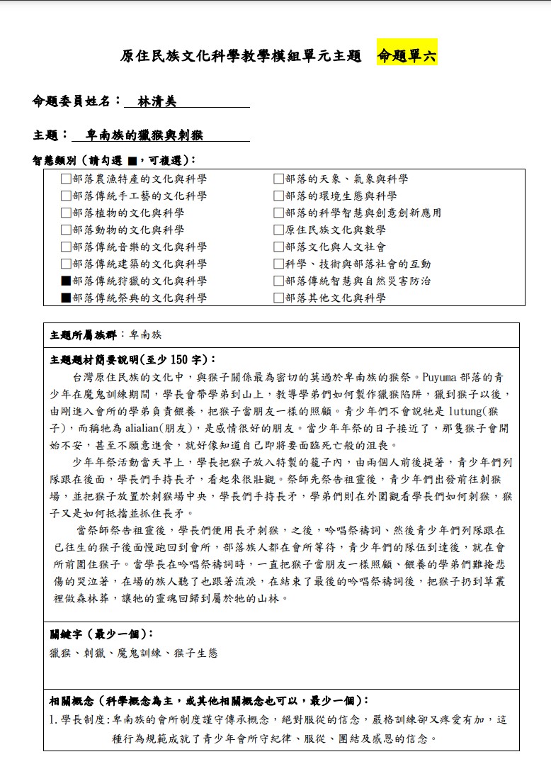 教學模組命題單-卑南族-卑南族的獵猴與刺猴