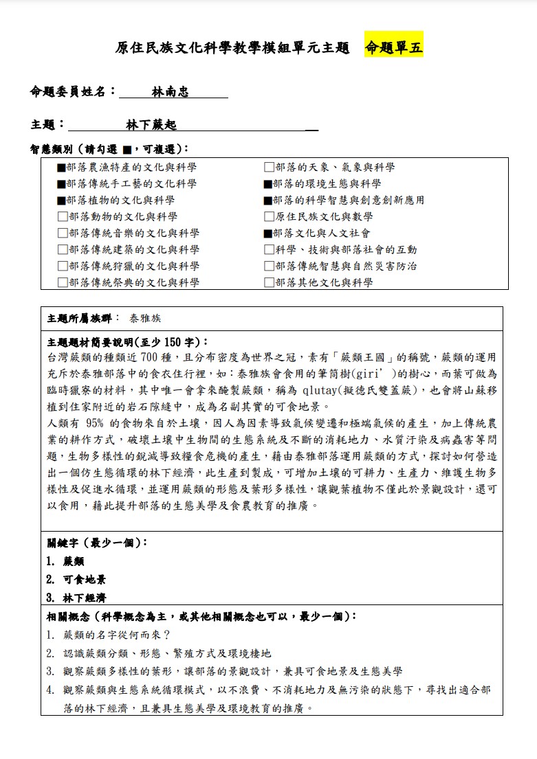 教學模組命題單-泰雅族-林下蕨起