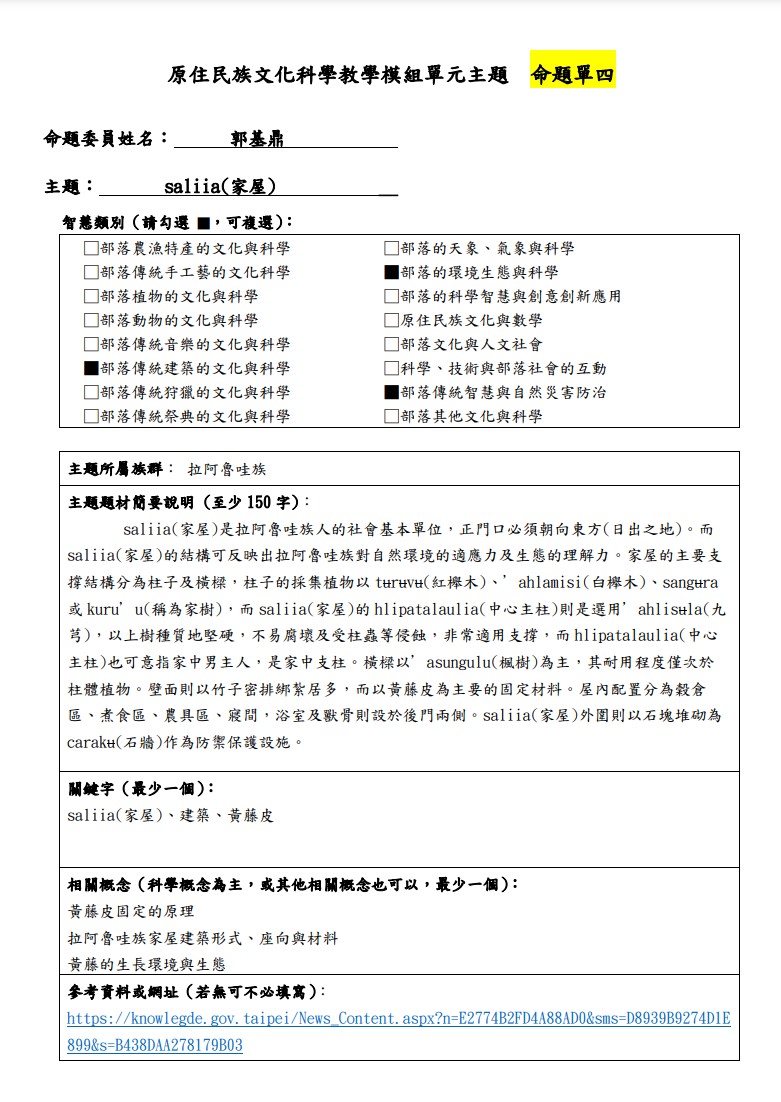 教學模組命題單-拉阿魯哇族-saliia(家屋)