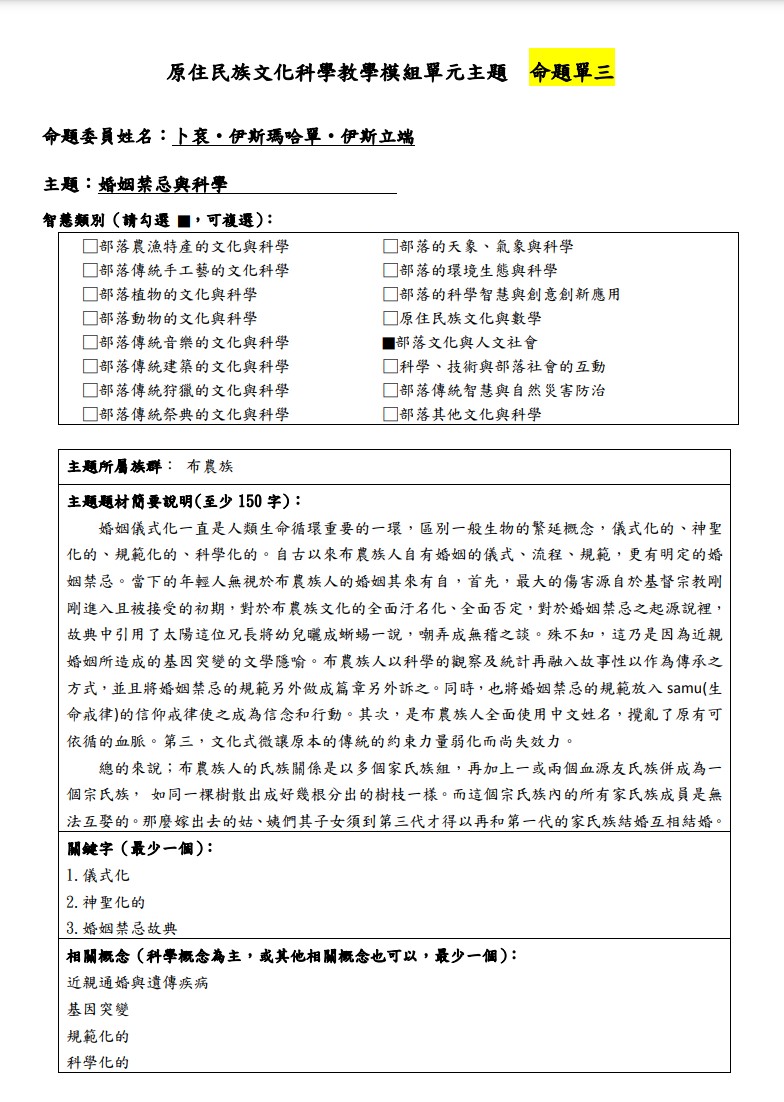 教學模組命題單-布農族-婚姻禁忌與科學