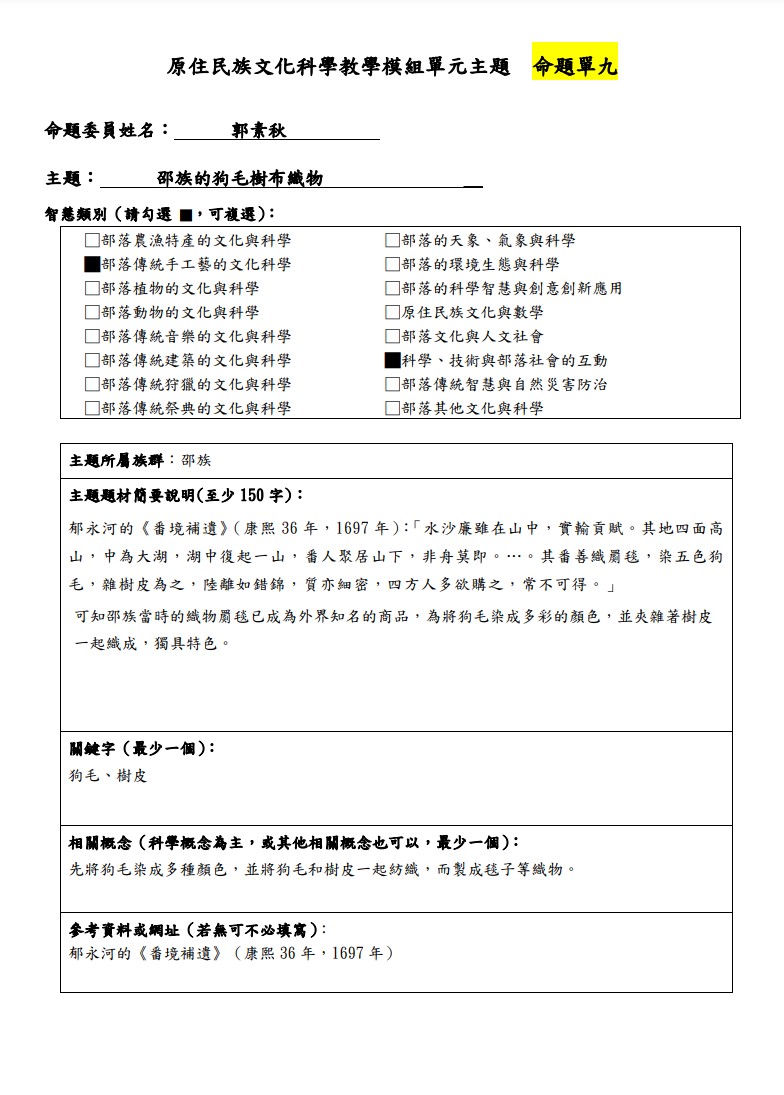 教學模組主題命題-邵族-邵族的狗毛樹布織物