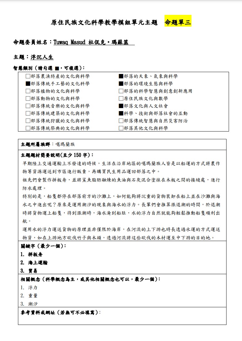 教學模組主題命題-噶瑪蘭族-浮沉人生