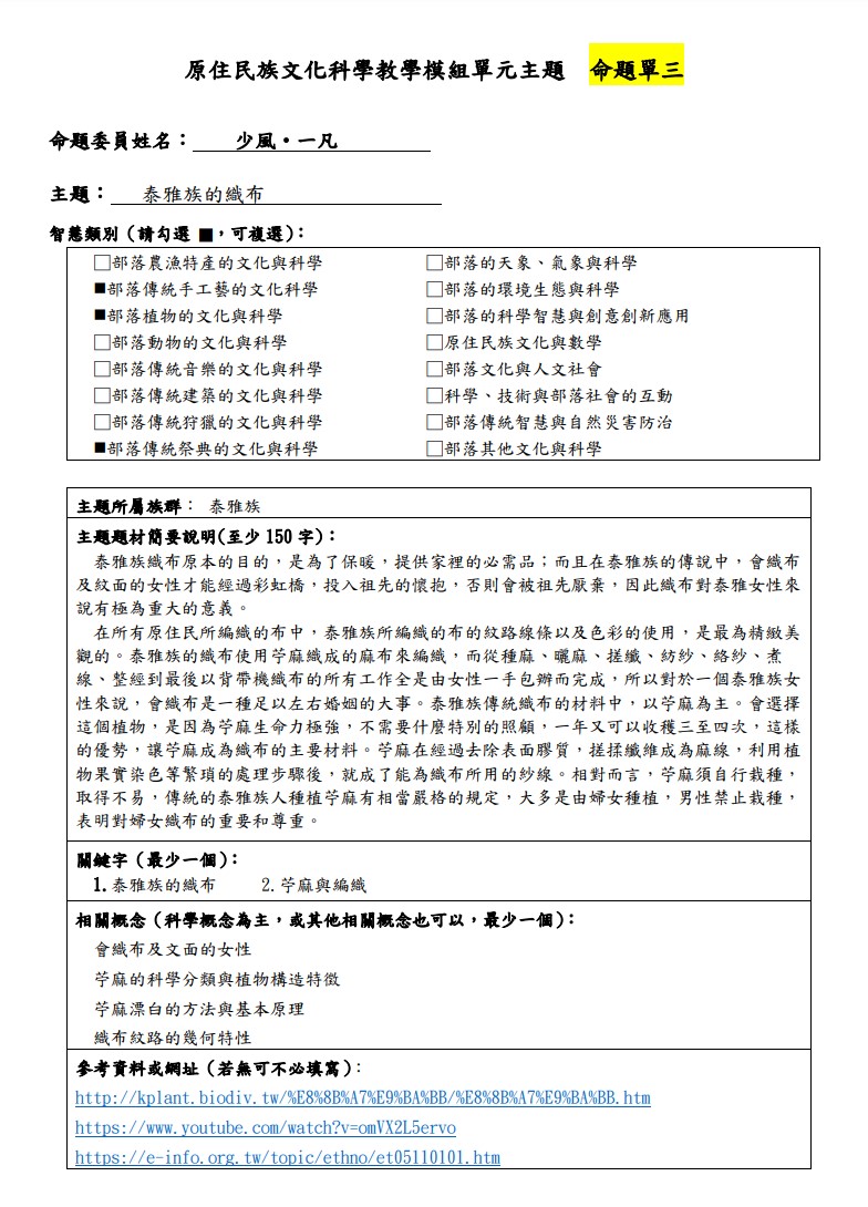 教學模組主題命題-泰雅族-泰雅族的織布