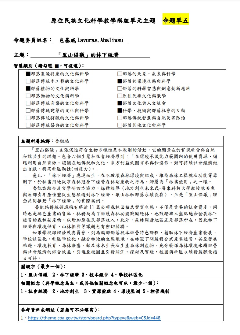 教學模組主題命題-魯凱族-「里山倡議」的林下經濟