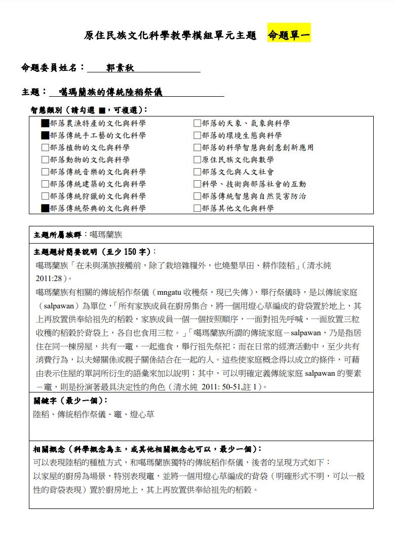 教學模組主題命題-噶瑪蘭族-噶瑪蘭族的傳統陸稻祭儀