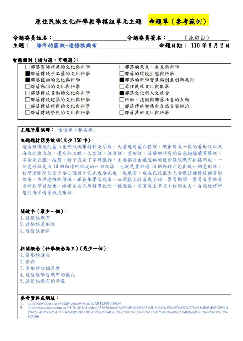 教學模組主題命題-達悟族-海洋的圖紋-達悟族織布