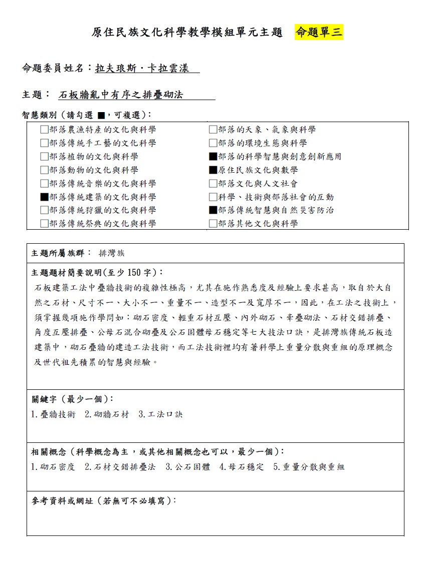 教學模組命題單-排灣族-石板牆亂中有序之排疊砌法