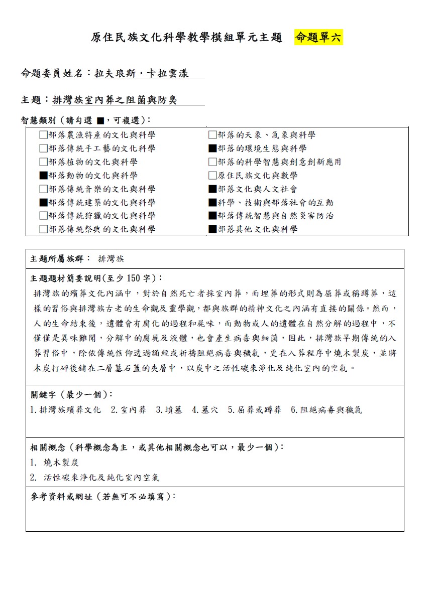 教學模組命題單-排灣族-排灣族室內葬之阻菌與防臭