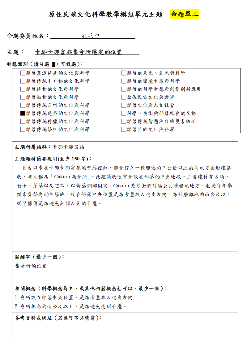 教學模組命題單—卡那卡那富族—卡那卡那富族集會所選定的位置