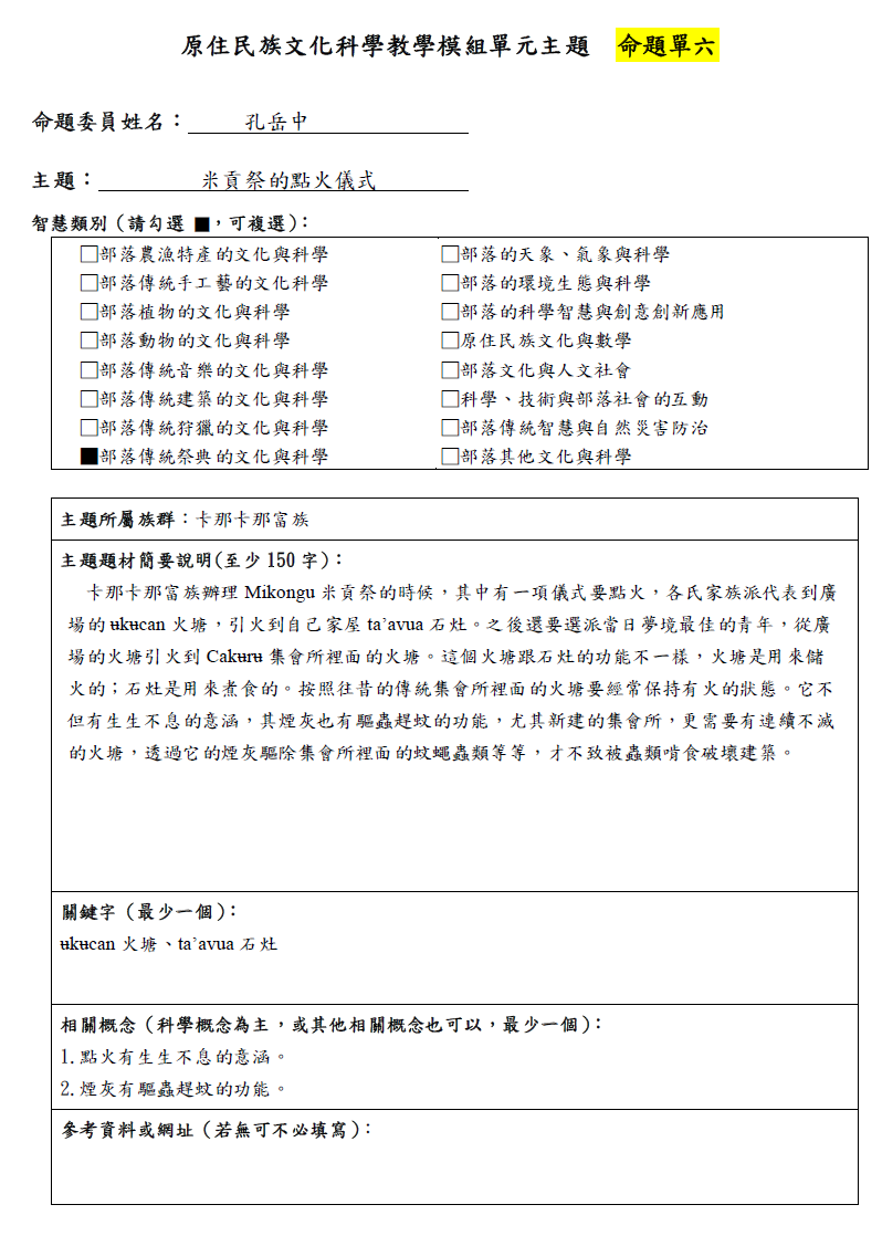 教學模組命題單—卡那卡那富族—米貢祭的點火儀式