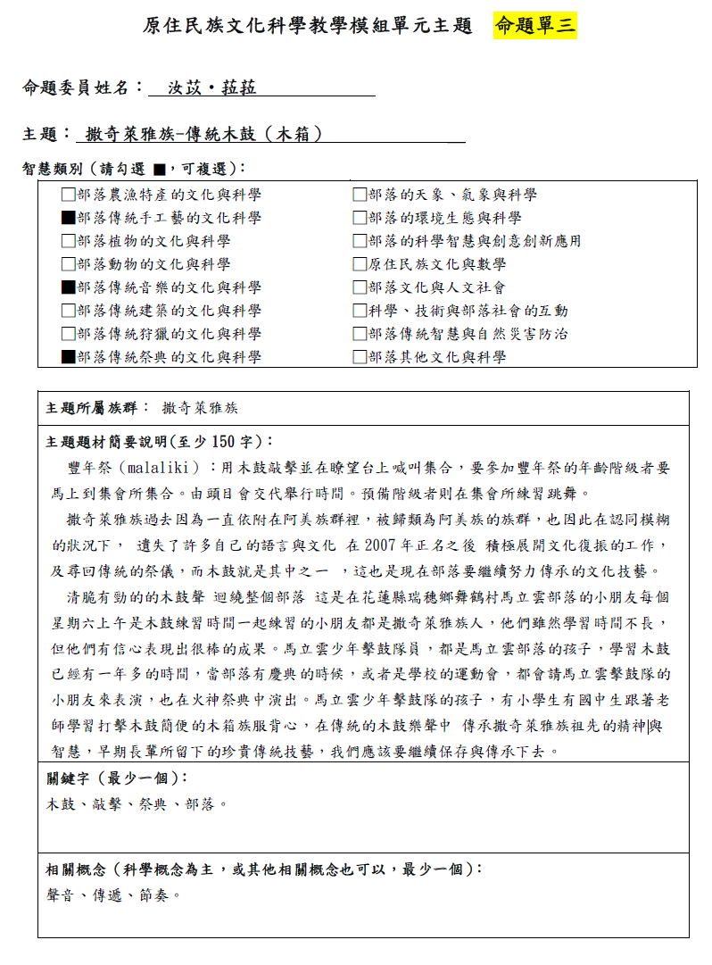教學模組命題單—撒奇萊雅族-傳統木鼓 (木箱)