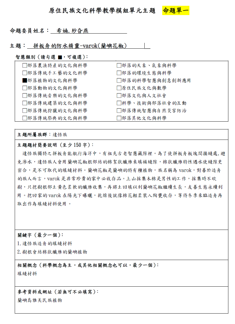 教學模組命題單—達悟族—拼板舟的防水精靈-varok(蘭嶼花椒)