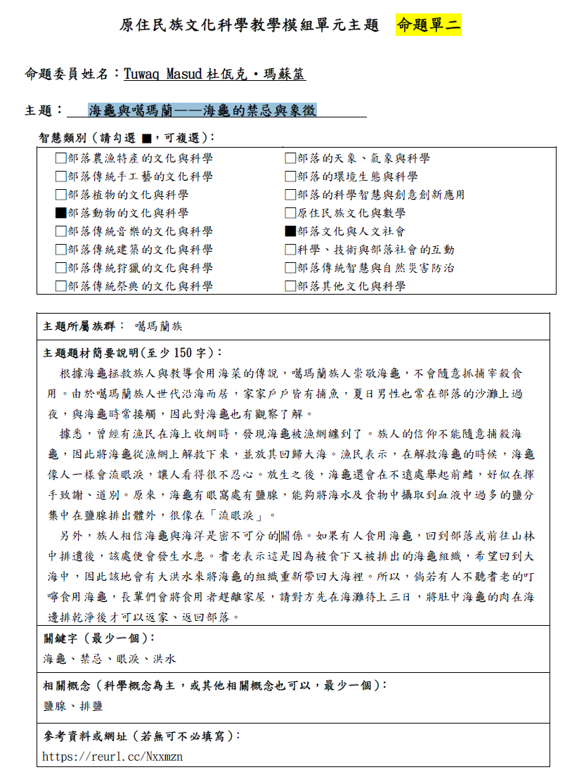 教學模組命題單—噶瑪蘭族—海龜與噶瑪蘭——海龜的禁忌與象徵