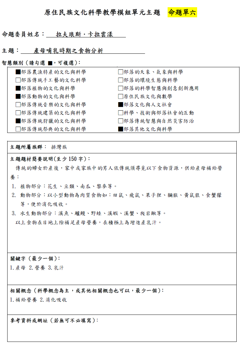 教學模組命題單—排灣族—產母哺乳時期之食物分析