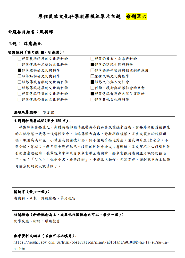 教學模組命題單—賽夏族—漆癢無比