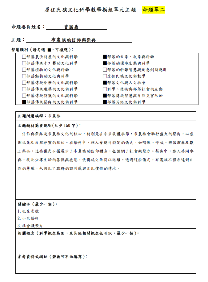 教學模組命題單—布農族—布農族的信仰與祭典